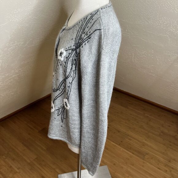 Vintage Cardigan Womens Large Gray Ramie Mohair Floral Embroidered Button Down - Picture 8 of 9